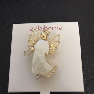 Liz Claiborne Brooch - Angel from White Enamel, Rhinestones and Gold Toned Metal